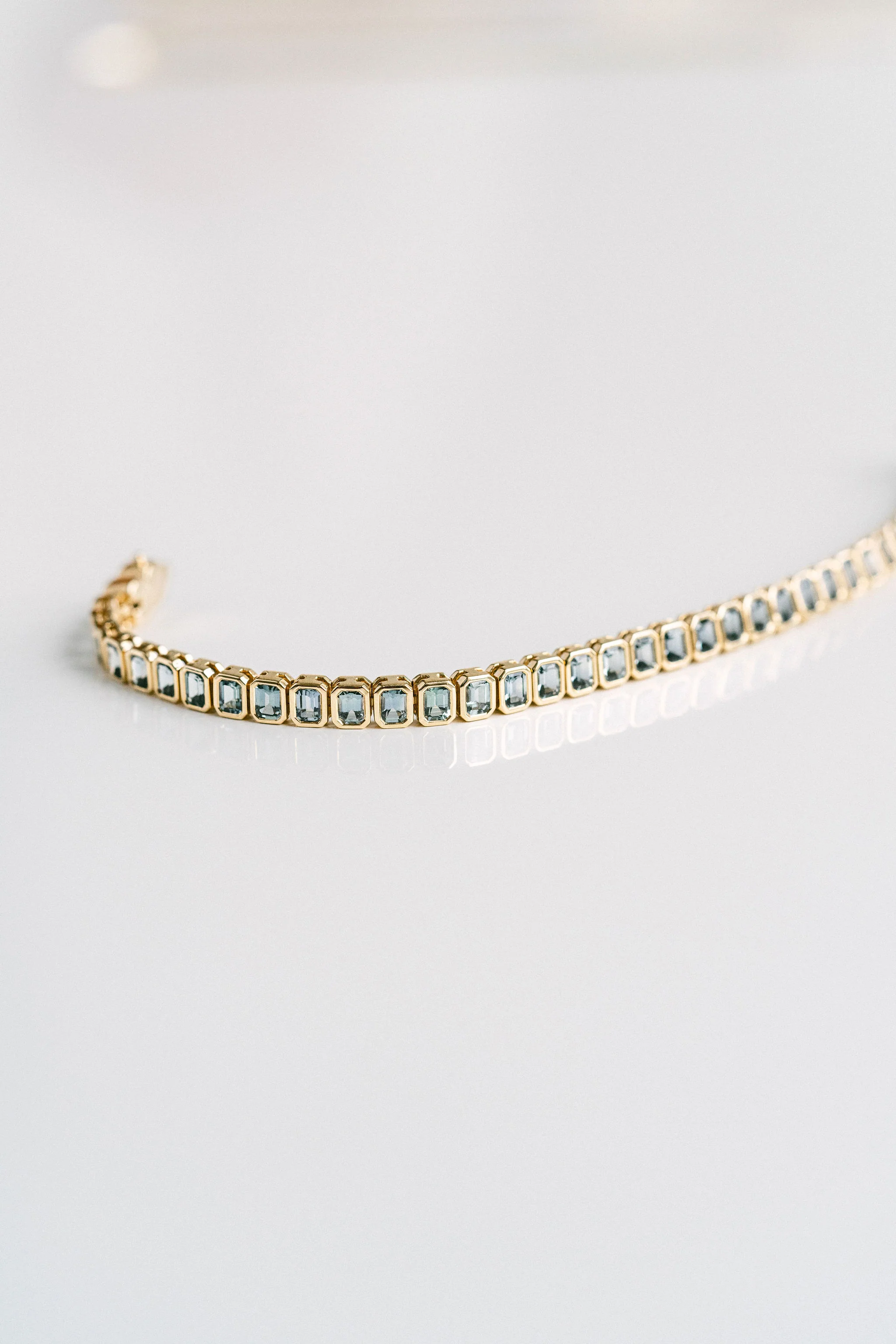 Emerald Cut Blue-Green Sapphire Bezel Tennis Bracelet - Image 5