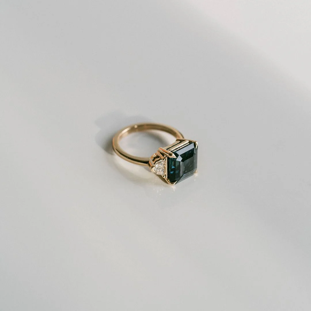 Square Emerald Cut Blue-Green Sapphire with Cadillac Diamond Accents - Image 3